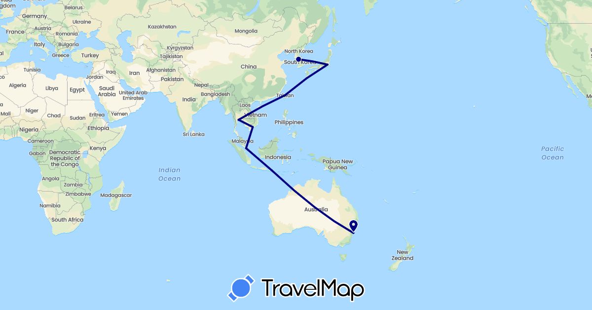 TravelMap itinerary: driving in Australia, Indonesia, Japan, South Korea, Singapore, Thailand, Taiwan, Vietnam (Asia, Oceania)